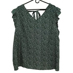 Emery Rose 4XL Green White Leaf Print‎ Blouse Ruffle Sleeve Tie Back